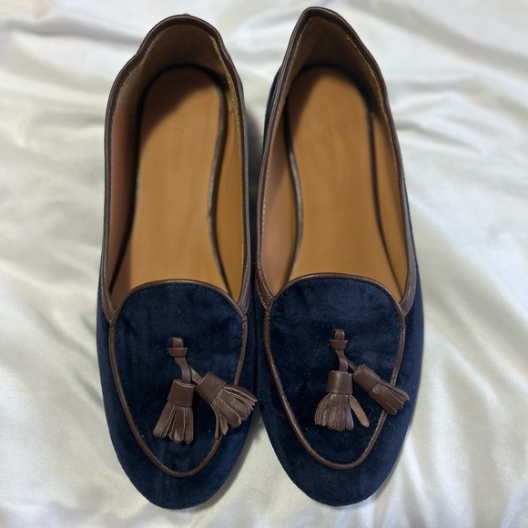 J. McLaughlin Cecily Preppy Navy Velvet Loafers with Brown Tassels - Picture 3 of 8
